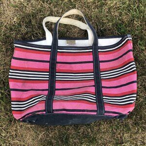 L L Bean Boat and Tote Canvas Bag Pink Striped Blue Double Handle